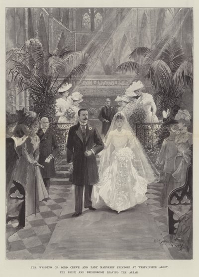 La boda de Lord Crewe y Lady Margaret Primrose en la Abadía de Westminster, la novia y el novio saliendo del altar de Henry Charles Seppings Wright